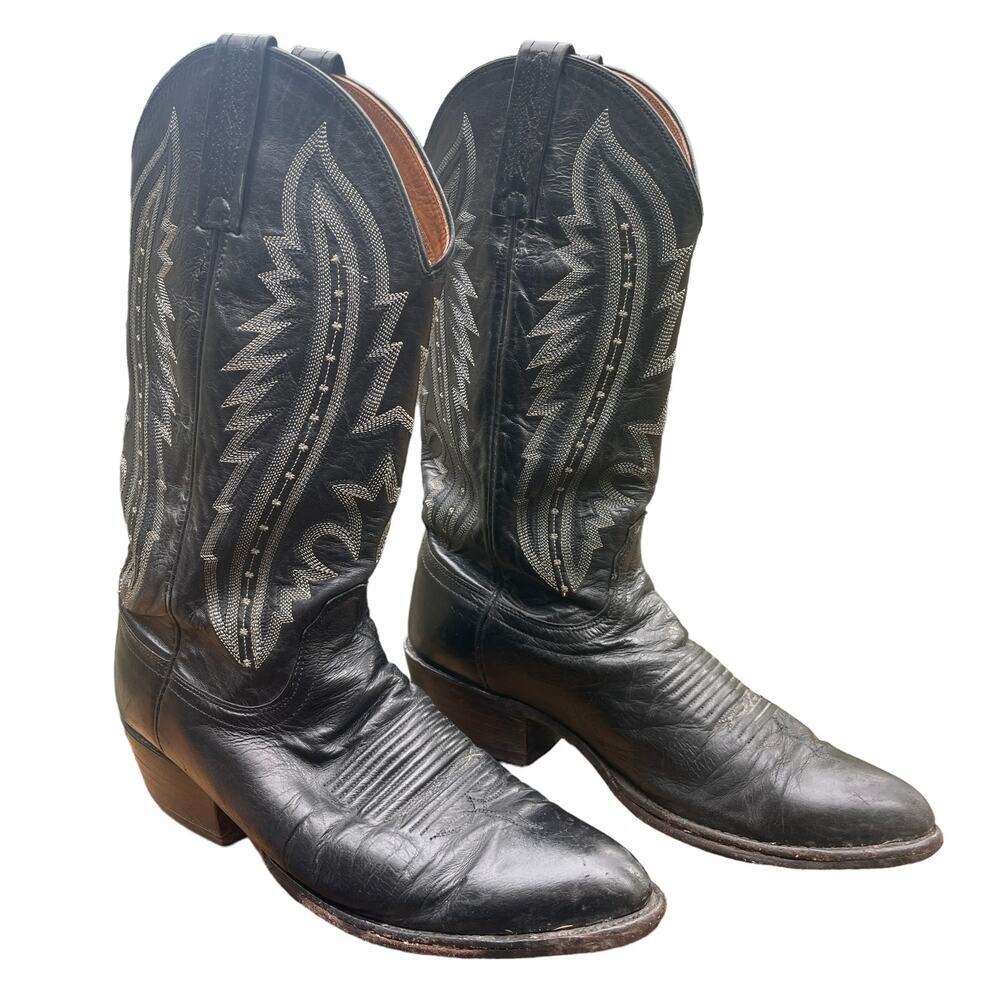 Lucchese 2000 Black Leather Cowboy Boots Snip Toe Mens 8 D